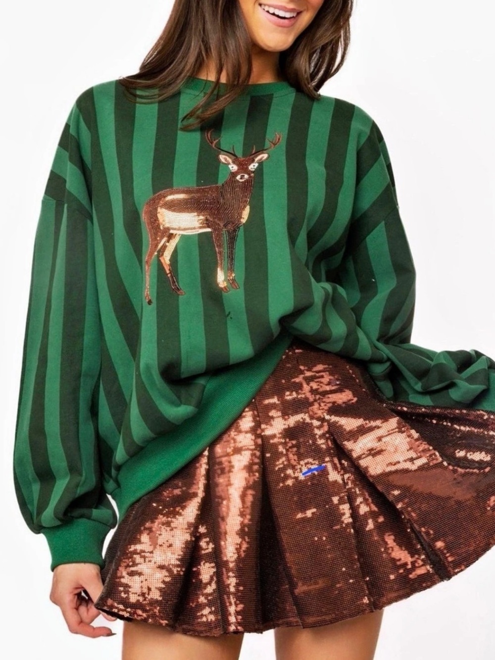 Queen of Sparkles Green Striped Deer Sweatshirt Striped Deer Sweatshirt in Green